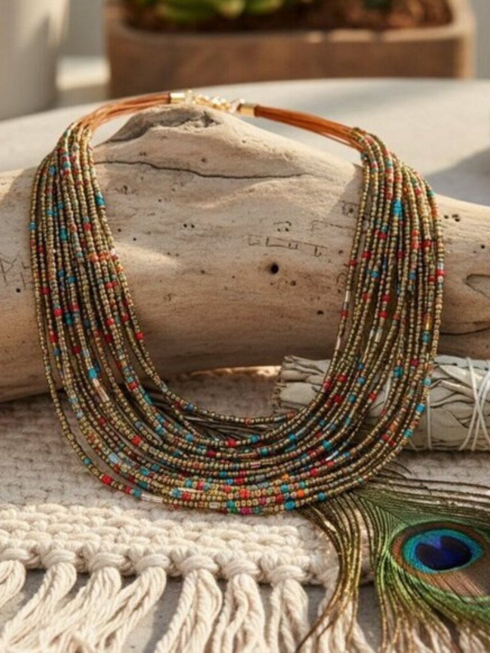 Seed Bead Multi Strand Statement Necklace Boho Western Multicolor Gold 18" - Picture 5 of 15